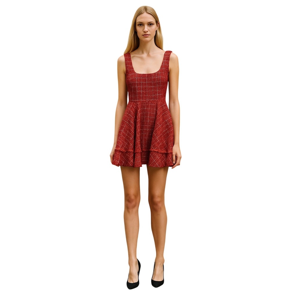 Altar State Red Plaid Tweed Fit Flare Mini Dress Square‎ Neck Ruffle Trim NEW